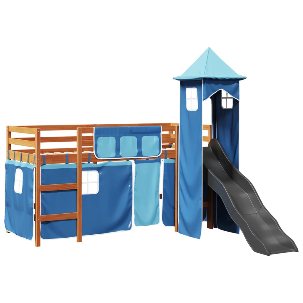 Lit mezzanine enfants avec tour bleu 90x200 cm bois pin massif