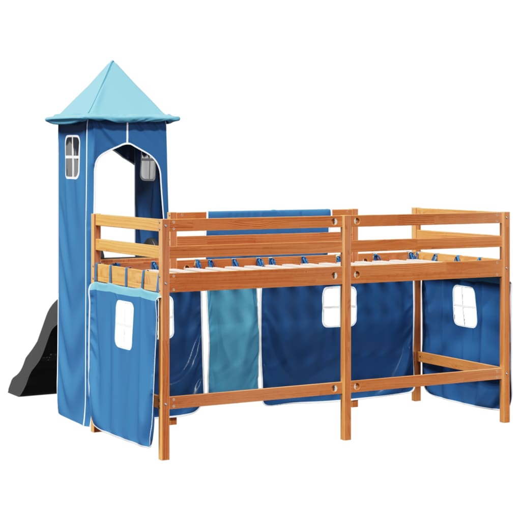 Lit mezzanine enfants avec tour bleu 90x200 cm bois pin massif