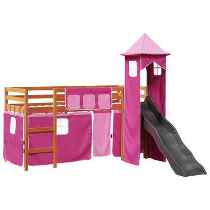 Lit mezzanine enfants avec tour rose 90x200 cm bois pin massif