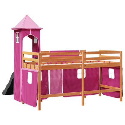 Lit mezzanine enfants avec tour rose 90x200 cm bois pin massif