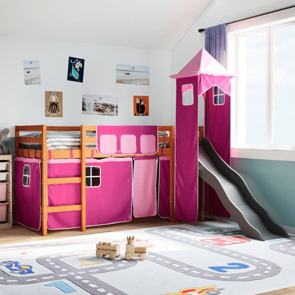 Lit mezzanine enfants avec tour rose 90x200 cm bois pin massif