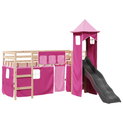 Lit mezzanine enfants avec tour rose 90x190 cm bois pin massif