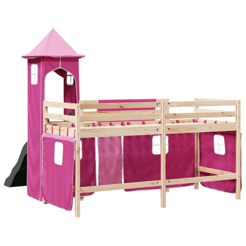 Lit mezzanine enfants avec tour rose 90x190 cm bois pin massif