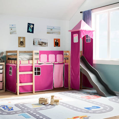 Lit mezzanine enfants avec tour rose 90x190 cm bois pin massif