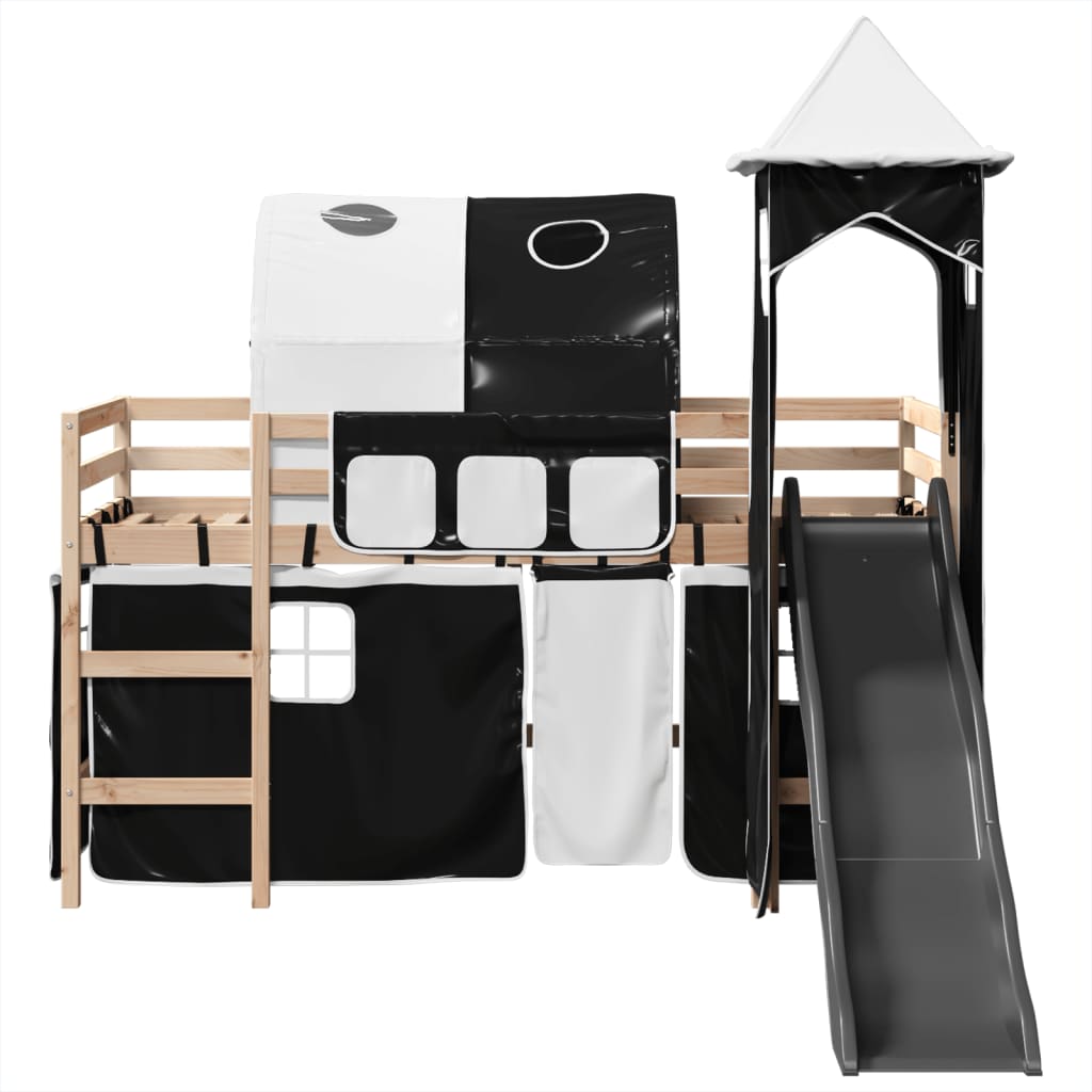 Lit mezzanine enfants avec tour blanc/noir 80x200cm pin massif