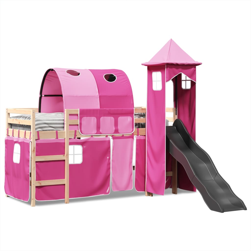 Lit mezzanine enfants avec tour rose 80x200cm bois pin massif