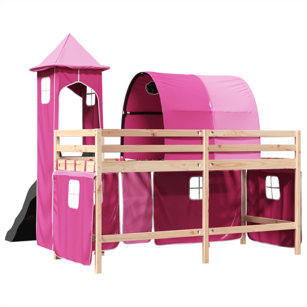 Lit mezzanine enfants avec tour rose 80x200cm bois pin massif