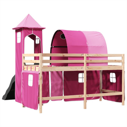 Lit mezzanine enfants avec tour rose 80x200cm bois pin massif