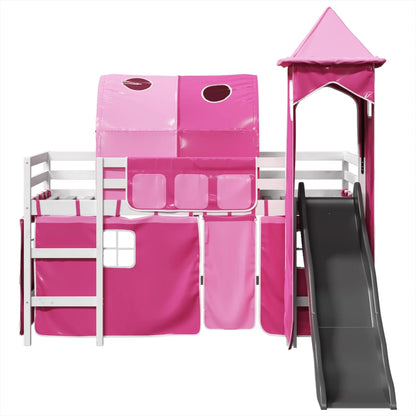 Lit mezzanine enfants avec tour rose 80x200cm bois pin massif