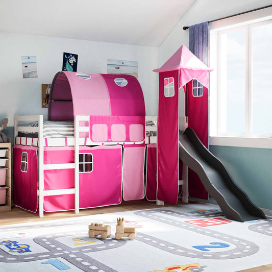 Lit mezzanine enfants avec tour rose 80x200cm bois pin massif