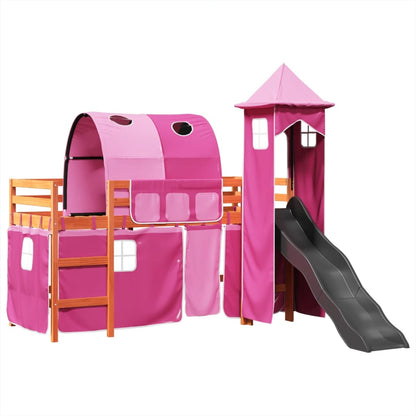 Lit mezzanine enfants avec tour rose 80x200cm bois pin massif