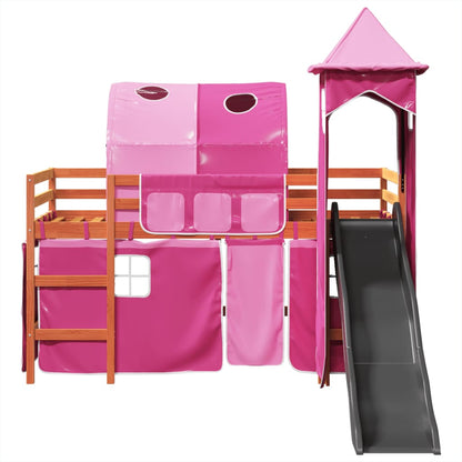 Lit mezzanine enfants avec tour rose 80x200cm bois pin massif