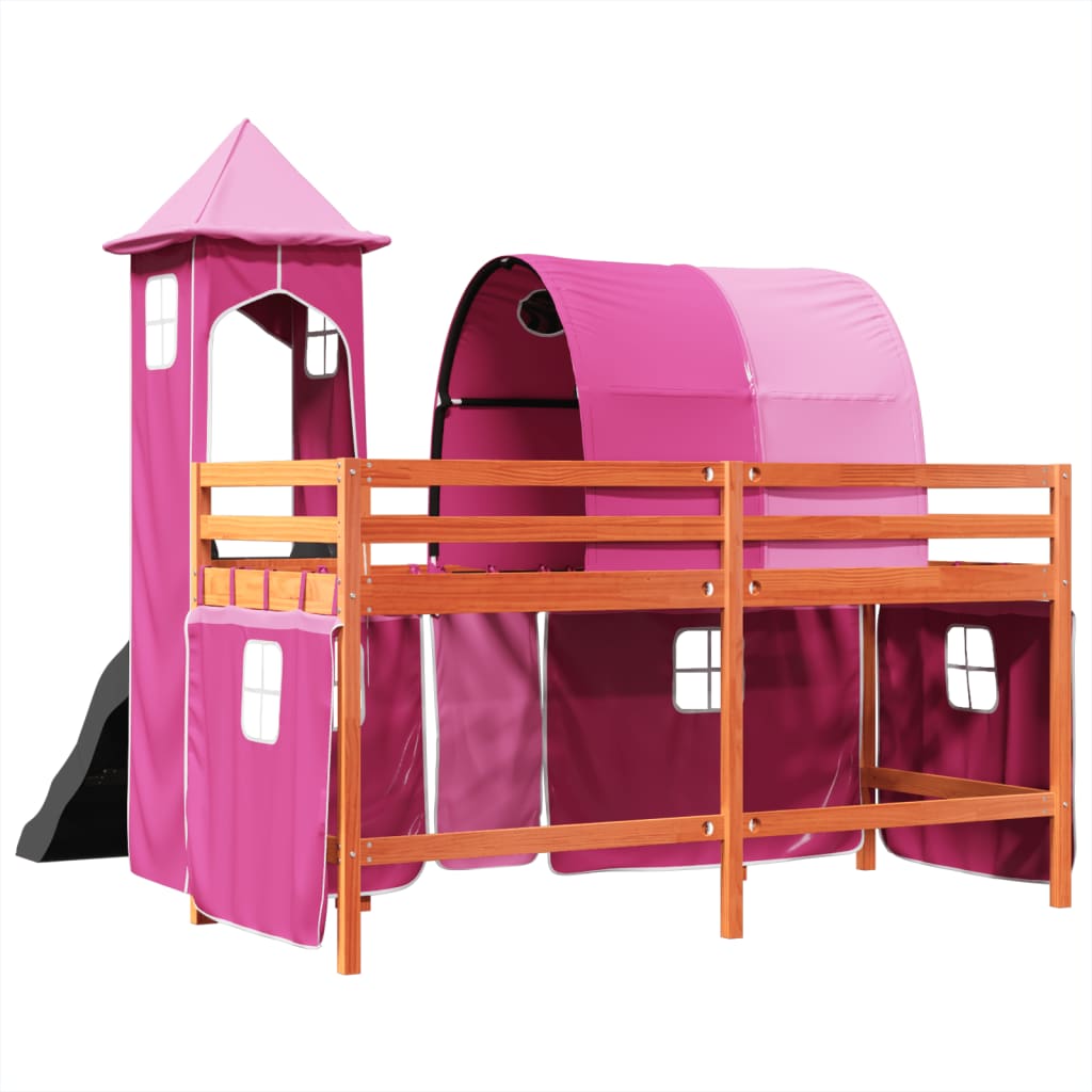 Lit mezzanine enfants avec tour rose 80x200cm bois pin massif