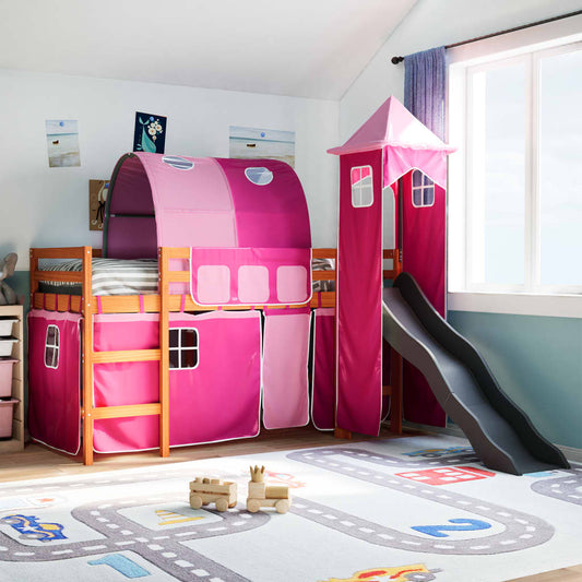 Lit mezzanine enfants avec tour rose 80x200cm bois pin massif