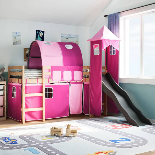 Lit mezzanine enfants avec tour rose 90x200 cm bois pin massif