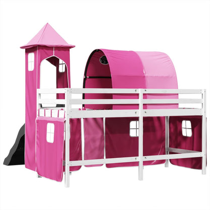 Lit mezzanine enfants avec tour rose 90x200 cm bois pin massif