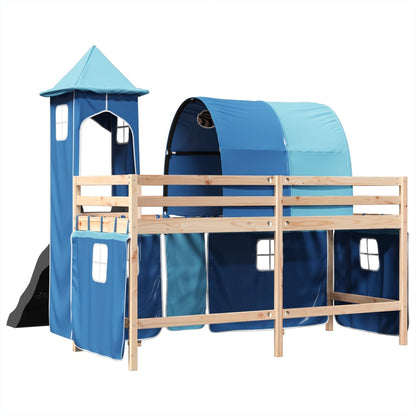 Lit mezzanine enfants avec tour bleu 90x190 cm bois pin massif