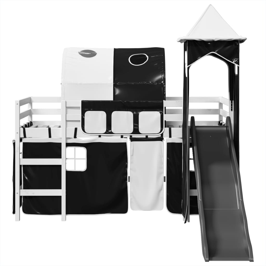 Lit mezzanine enfants avec tour blanc/noir 90x190 cm pin massif