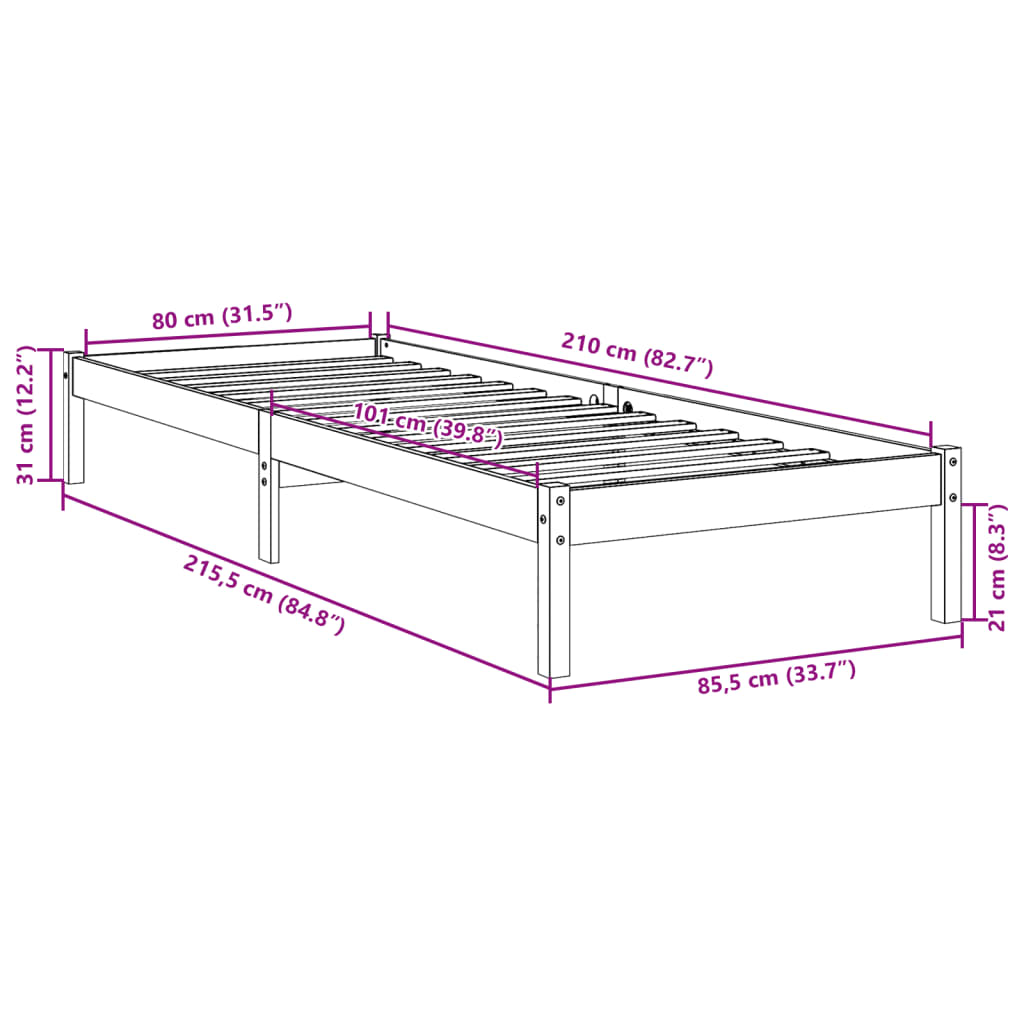 Cadre de lit extra long sans matelas 80x210 cm bois massif pin