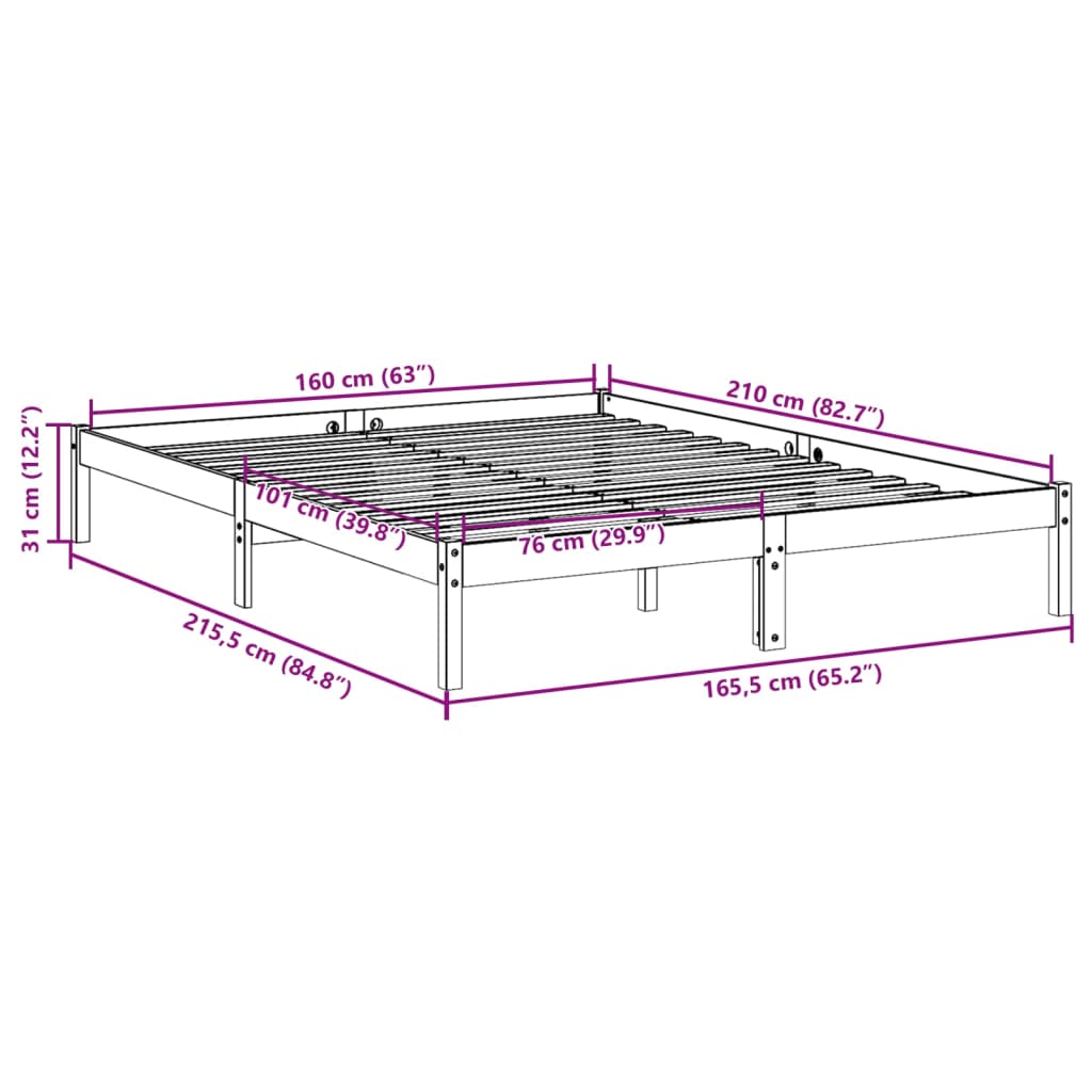 Cadre de lit extra long sans matelas 160x210 cm bois massif pin