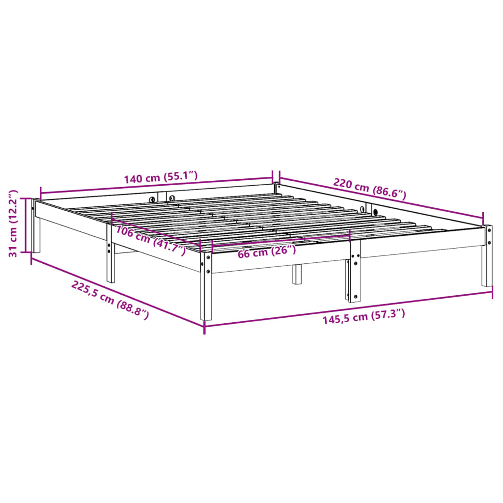 Cadre de lit extra long sans matelas 140x220 cm bois massif pin