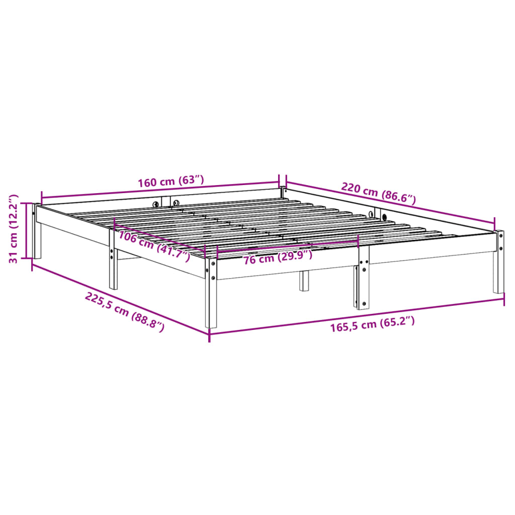 Cadre de lit extra long sans matelas 160x220 cm bois massif pin