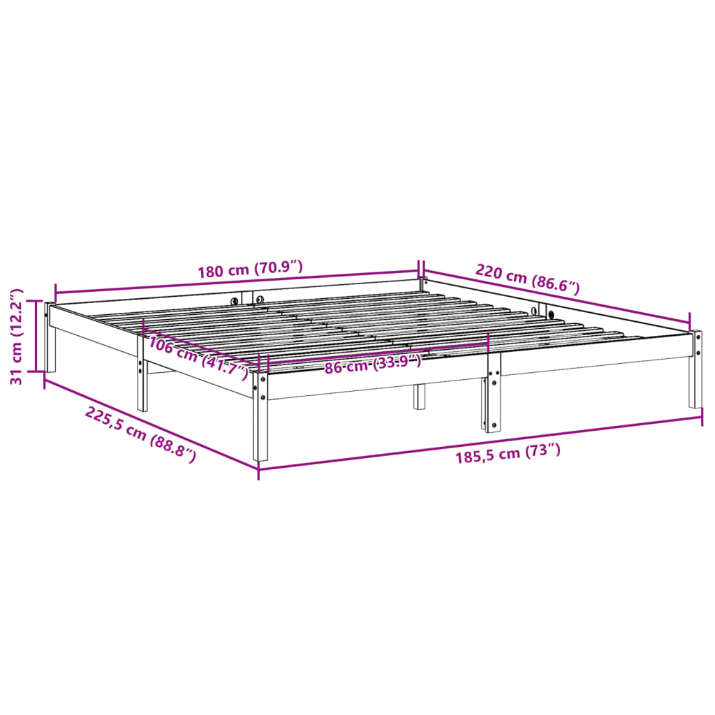 Cadre de lit extra long sans matelas 180x220 cm bois massif pin