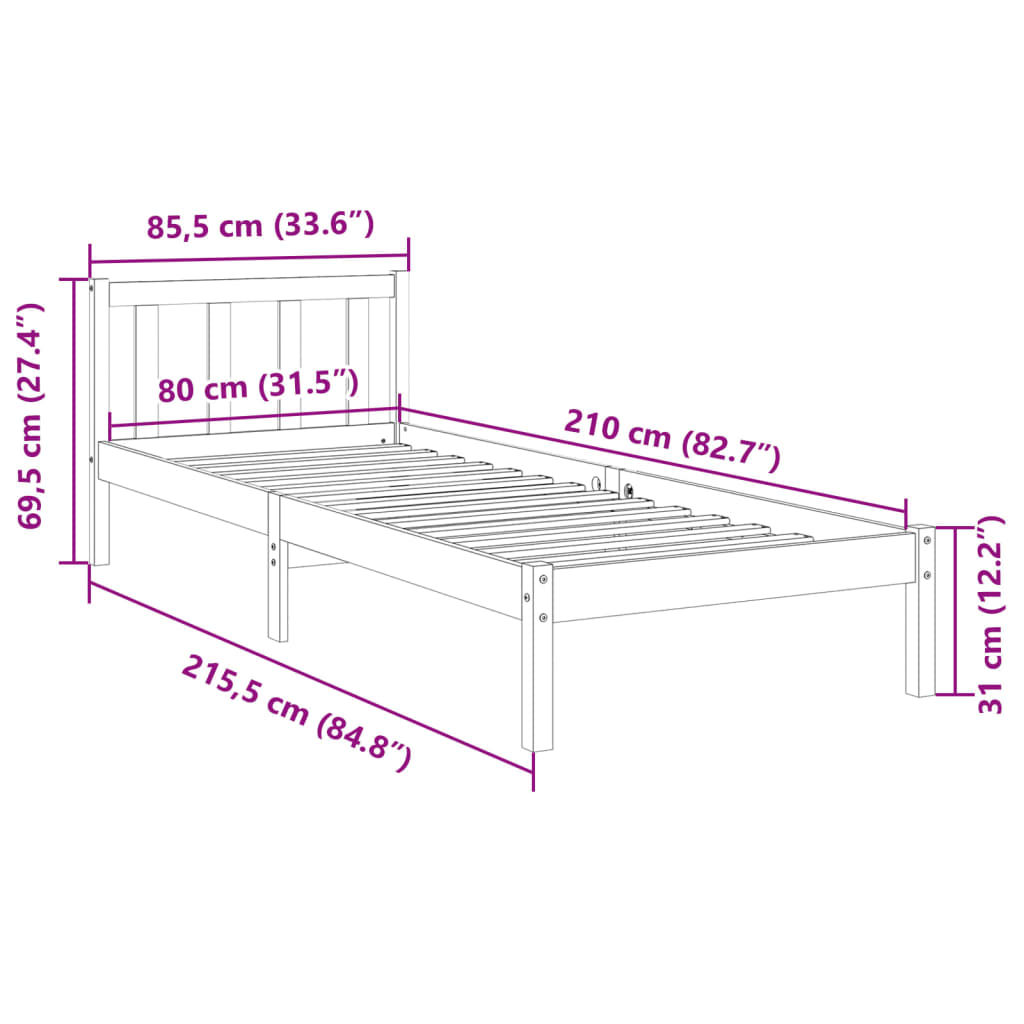 Cadre de lit extra long sans matelas 80x210 cm bois massif pin