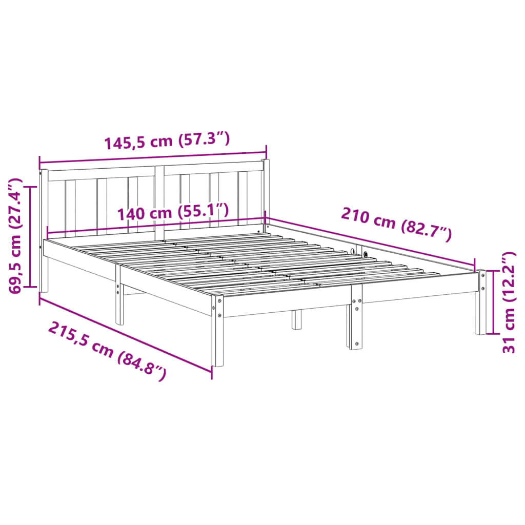 Cadre de lit extra long sans matelas 140x210 cm bois massif pin