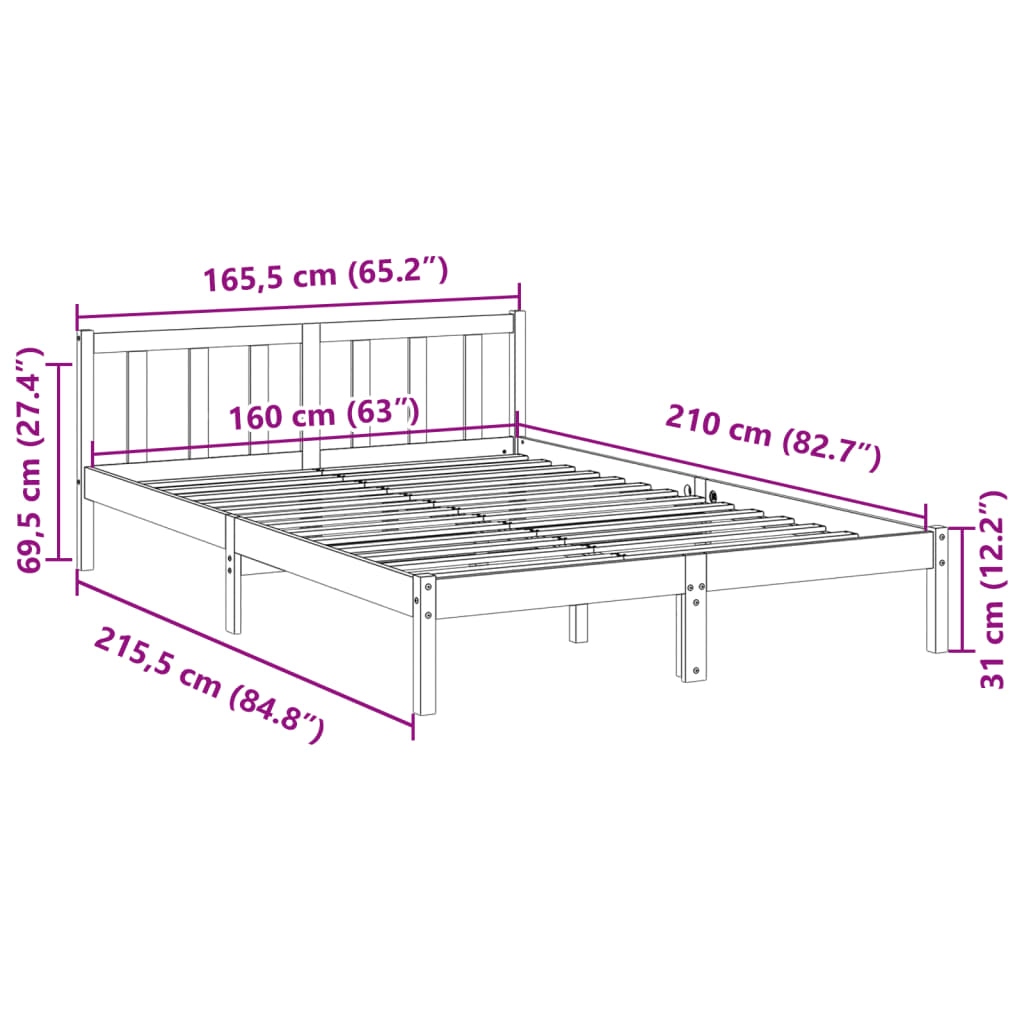 Cadre de lit extra long sans matelas 160x210 cm bois massif pin