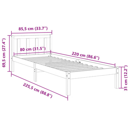 Cadre de lit extra long sans matelas 80x220 cm bois massif pin