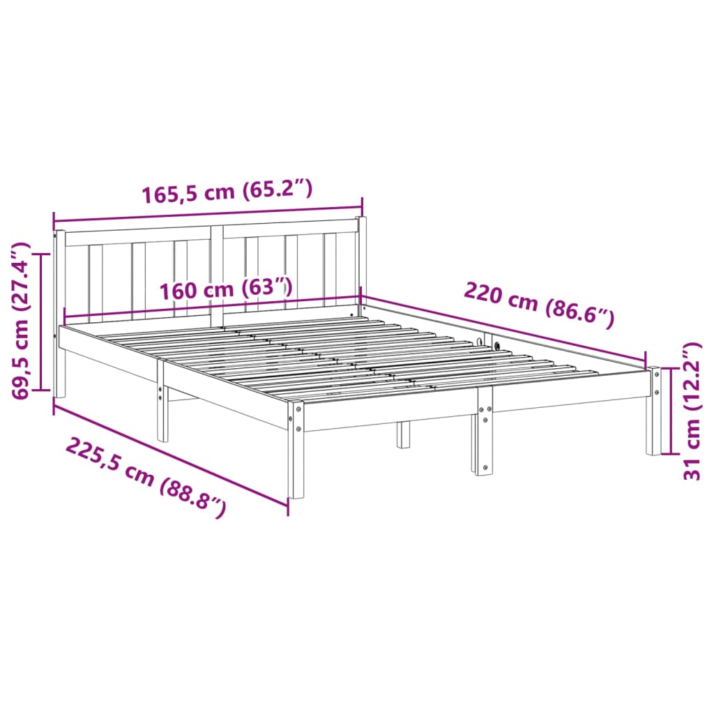 Cadre de lit extra long sans matelas 160x220 cm bois massif pin