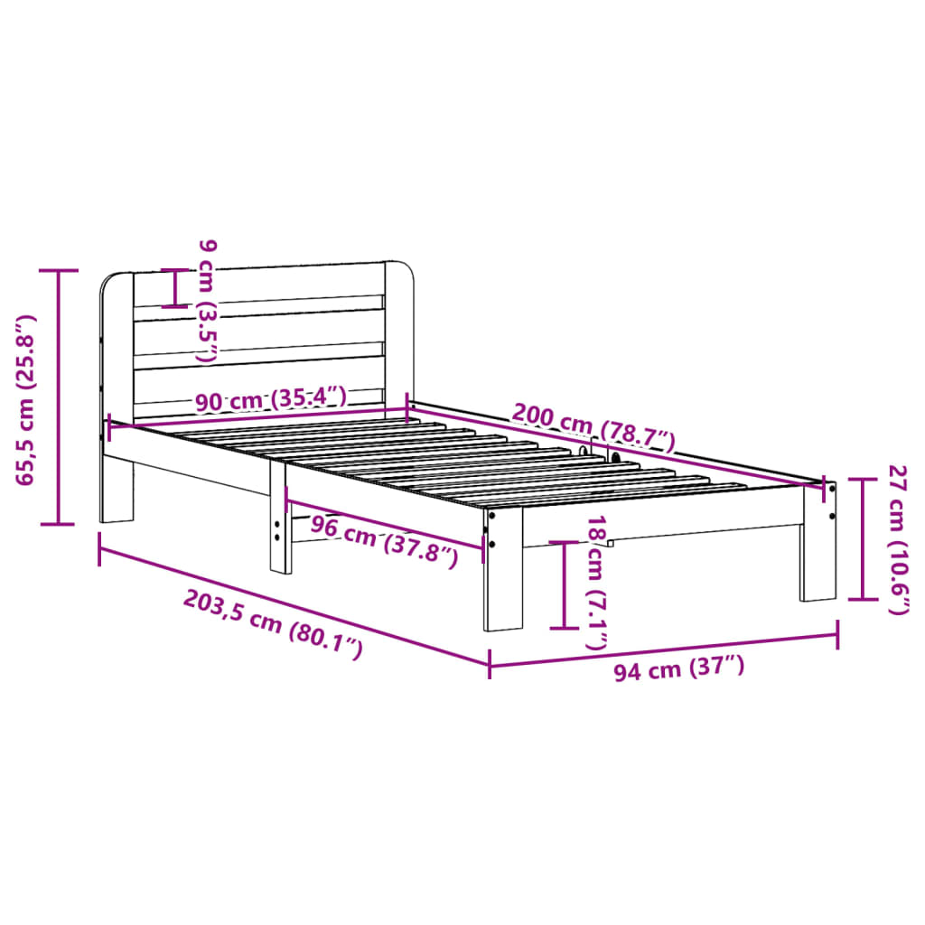 Cadre de lit sans matelas blanc 90x200 cm bois de pin massif