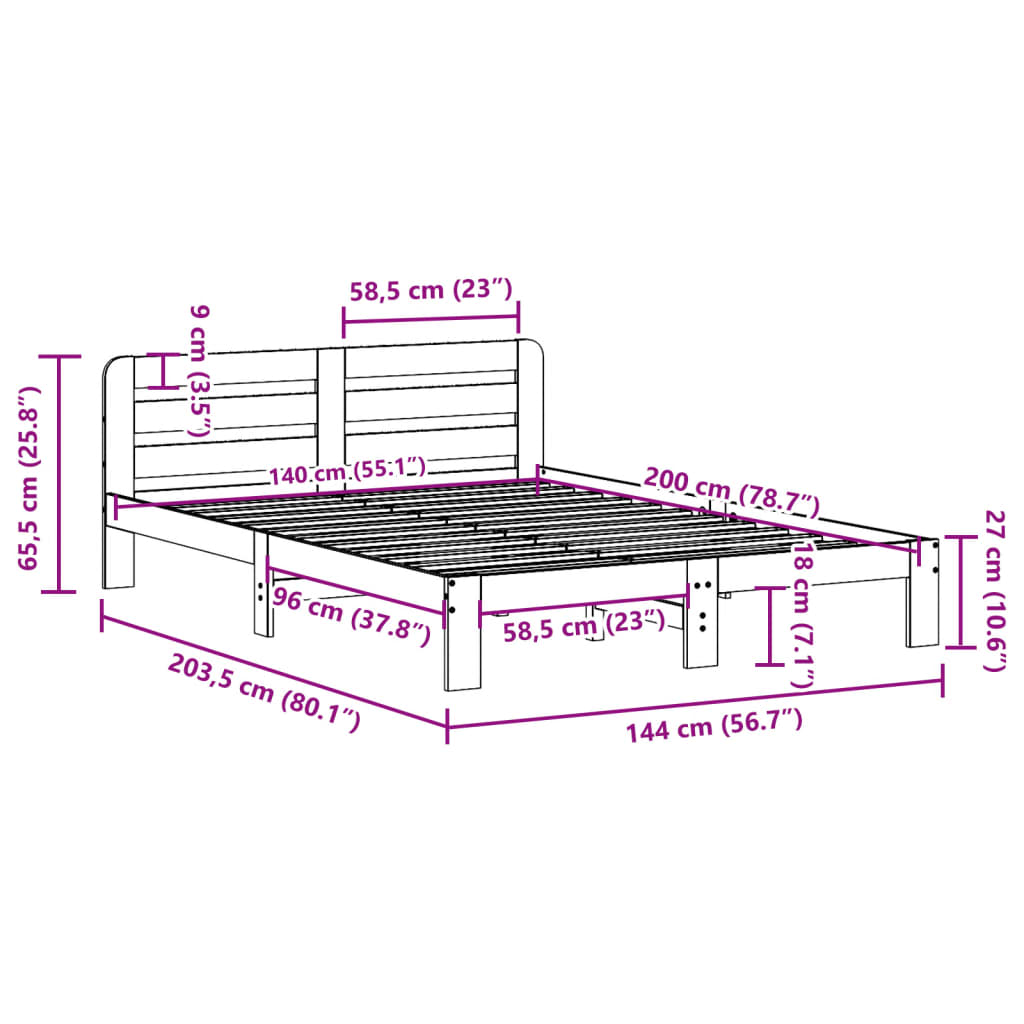 Cadre de lit sans matelas cire marron 140x200cm bois pin massif