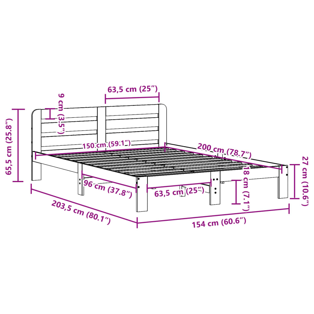 Cadre de lit sans matelas blanc 150x200 cm bois de pin massif