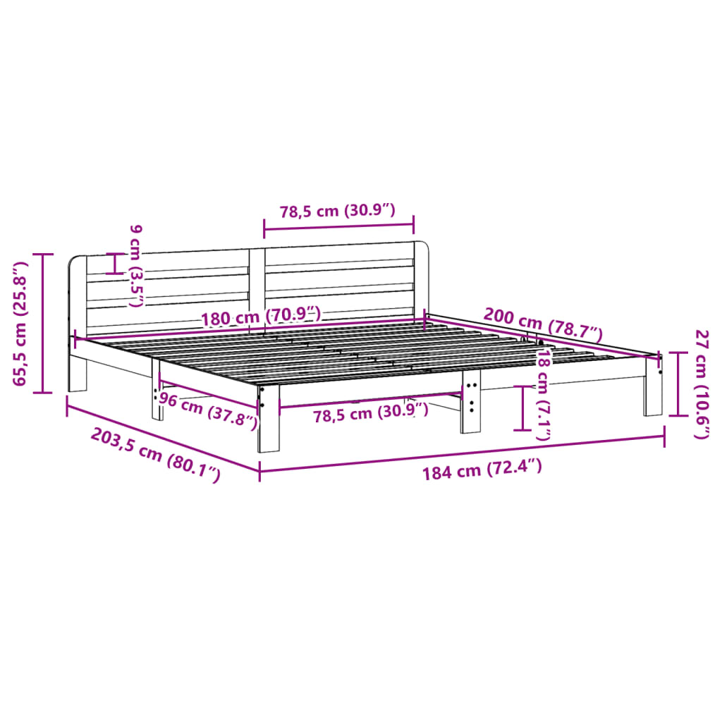 Cadre de lit sans matelas blanc 180x200 cm bois massif de pin