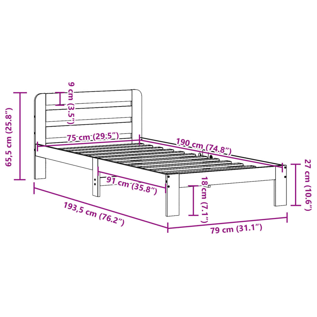 Cadre de lit sans matelas 75x190 cm bois de pin massif