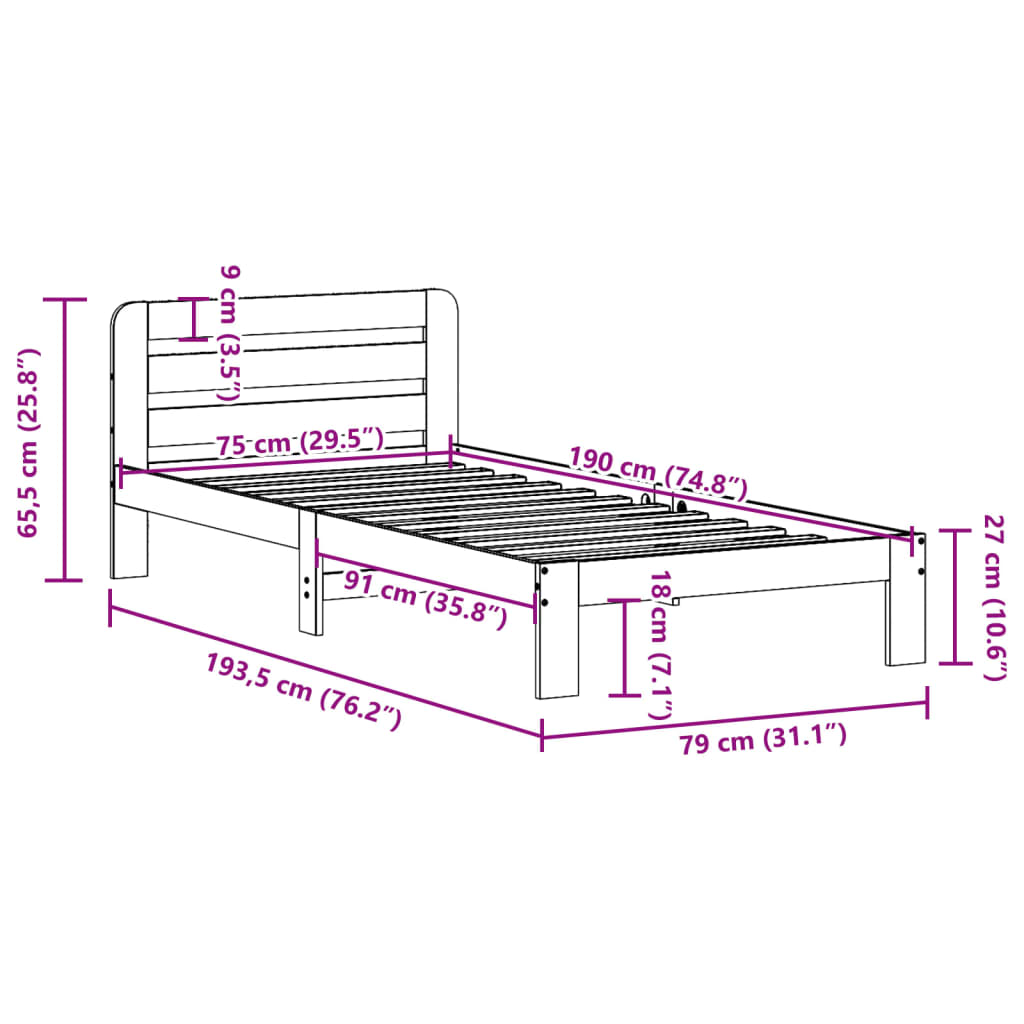 Cadre de lit sans matelas cire marron 75x190 cm bois pin massif