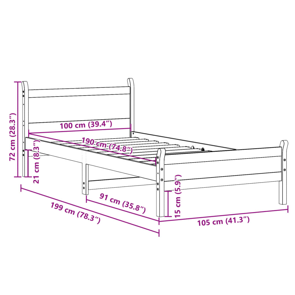 Cadre de lit sans matelas cire marron 100x200cm bois pin massif