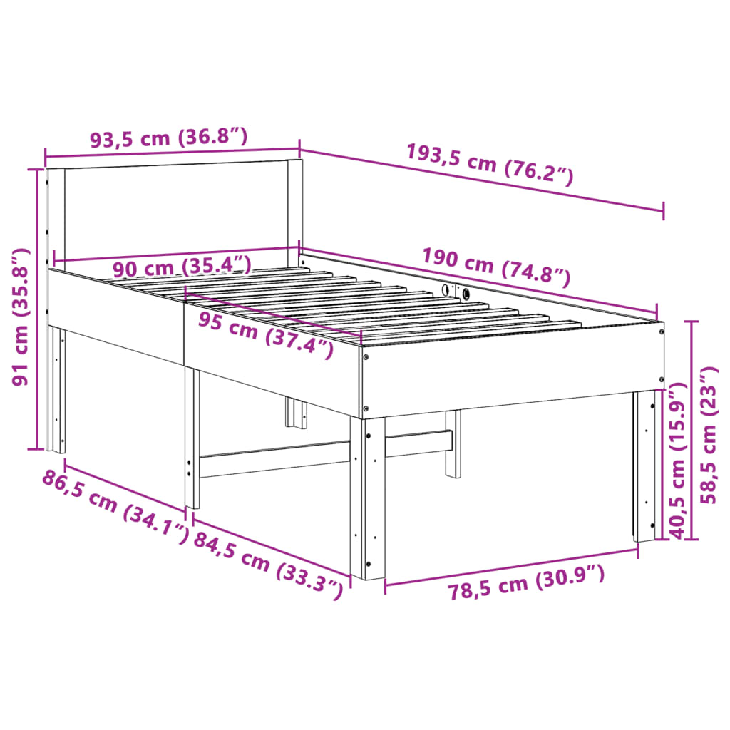 Cadre de lit sans matelas 90x190 cm bois de pin massif