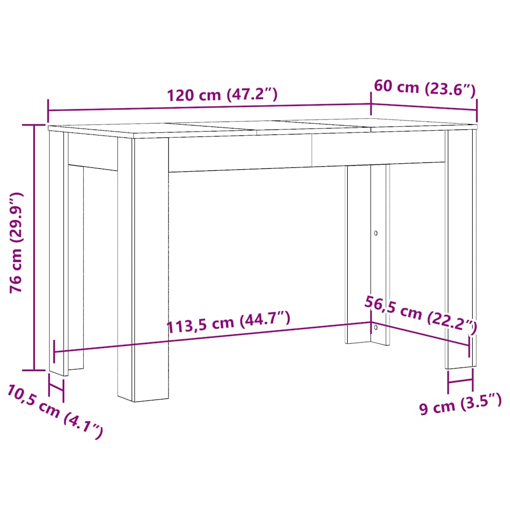 Table à manger chêne artisanal 120x60x76 cm bois d'ingénierie