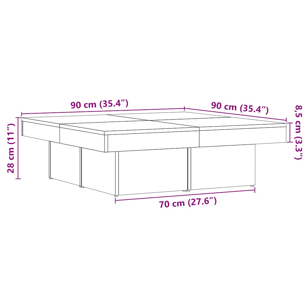 Table basse vieux bois 90x90x28 cm bois d'ingénierie