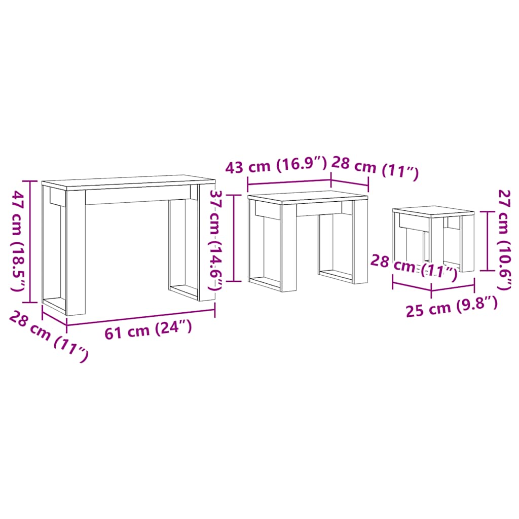 Tables gigognes 3 pcs chêne artisanal bois d'ingénierie