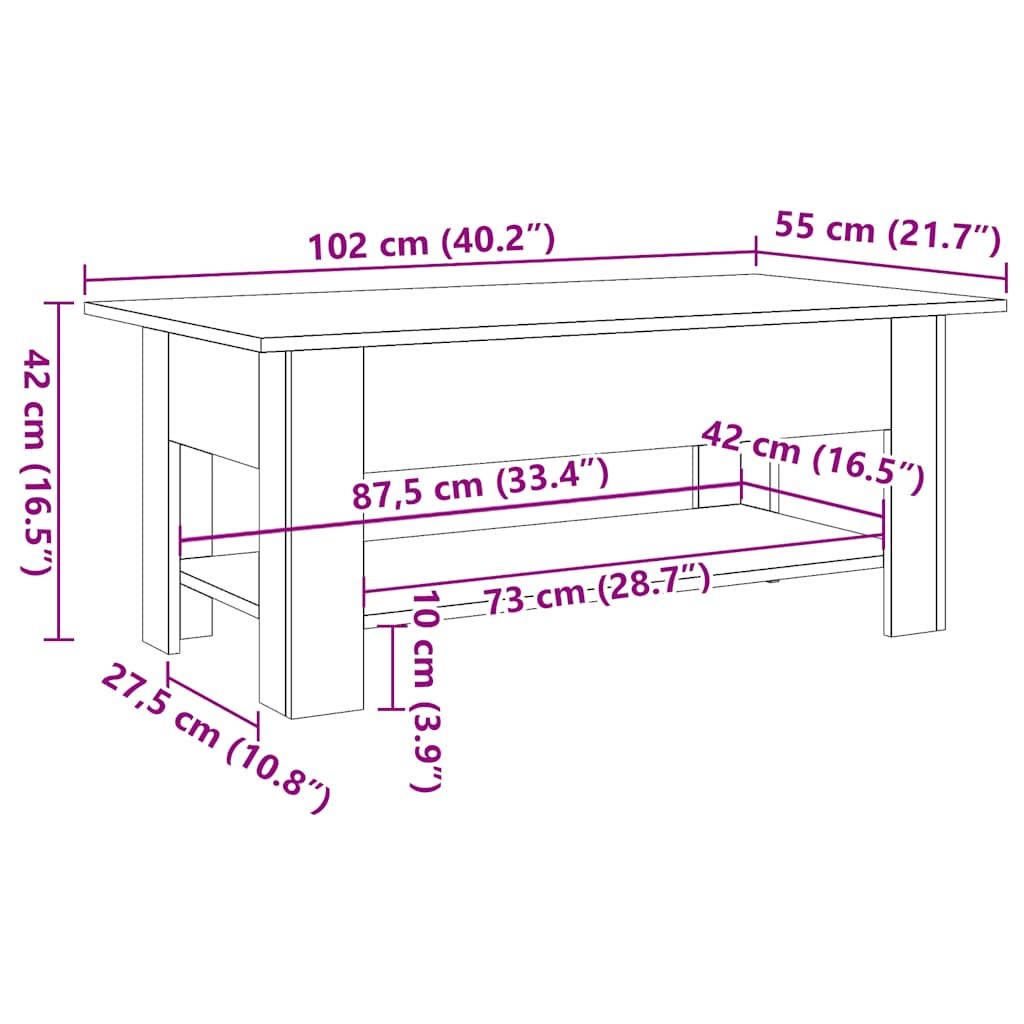 Table basse vieux bois 102x55x42 cm bois d'ingénierie