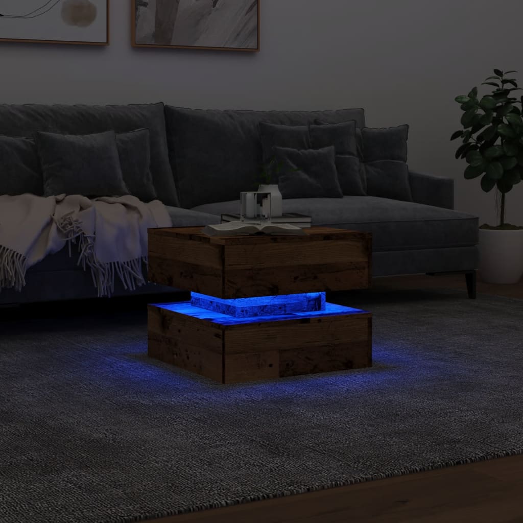 Table basse avec lumières LED vieux bois 50x50x40 cm