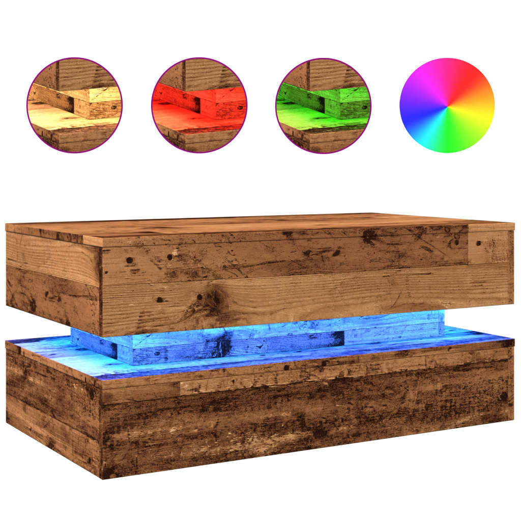 Table basse avec lumières LED vieux bois 90x50x40 cm