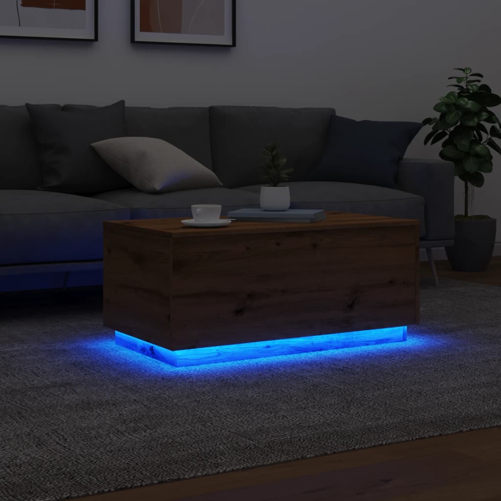 Table basse avec lumières LED chêne artisanal 90x50x40 cm