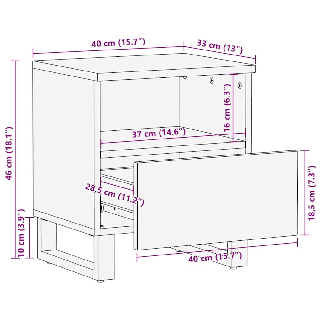 Table de chevet noir 40x33x46 cm bois de manguier solide