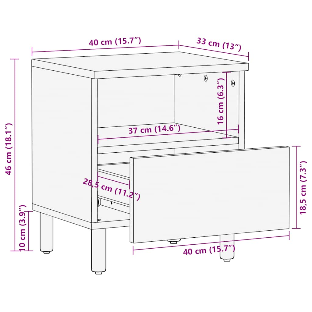 Table de chevet marron 40x33x46 cm bois de manguier solide