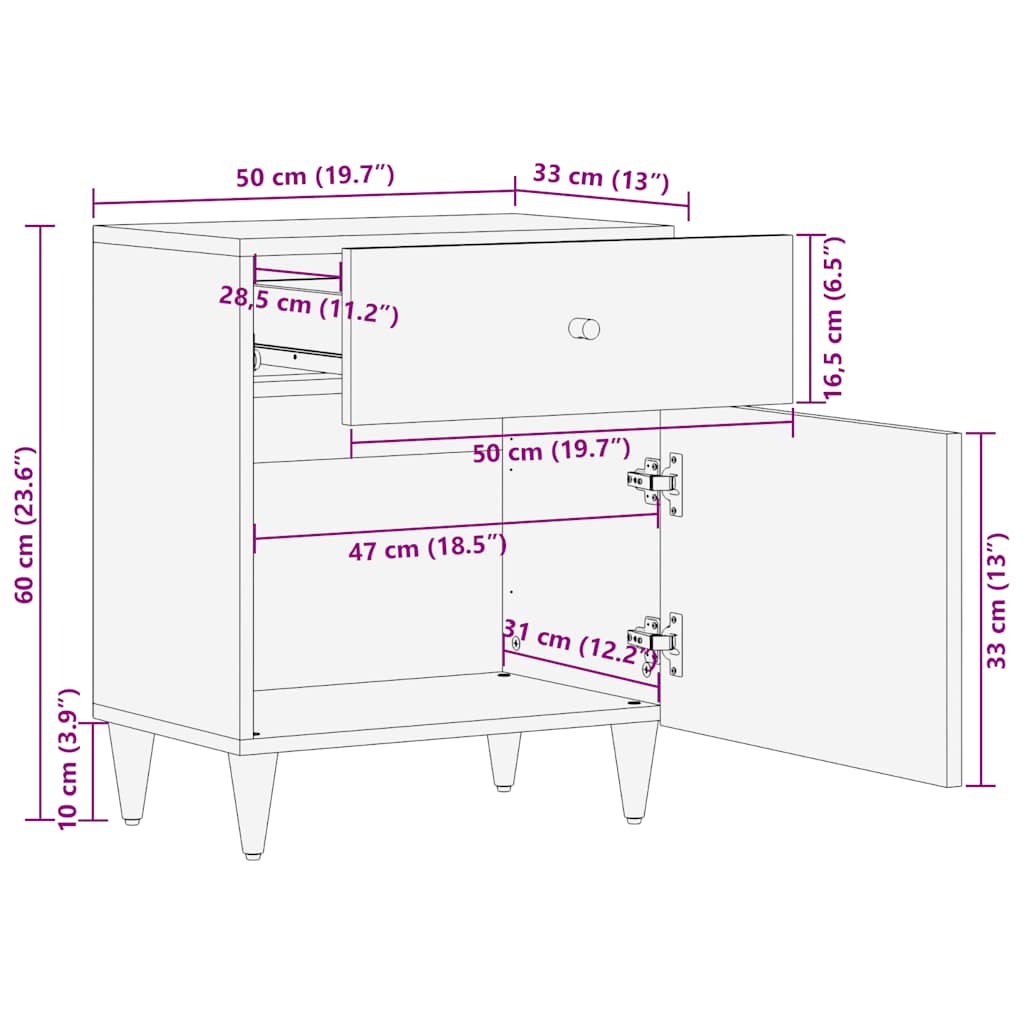 Table de chevet gris clair 50x33x60 cm bois de manguier massif